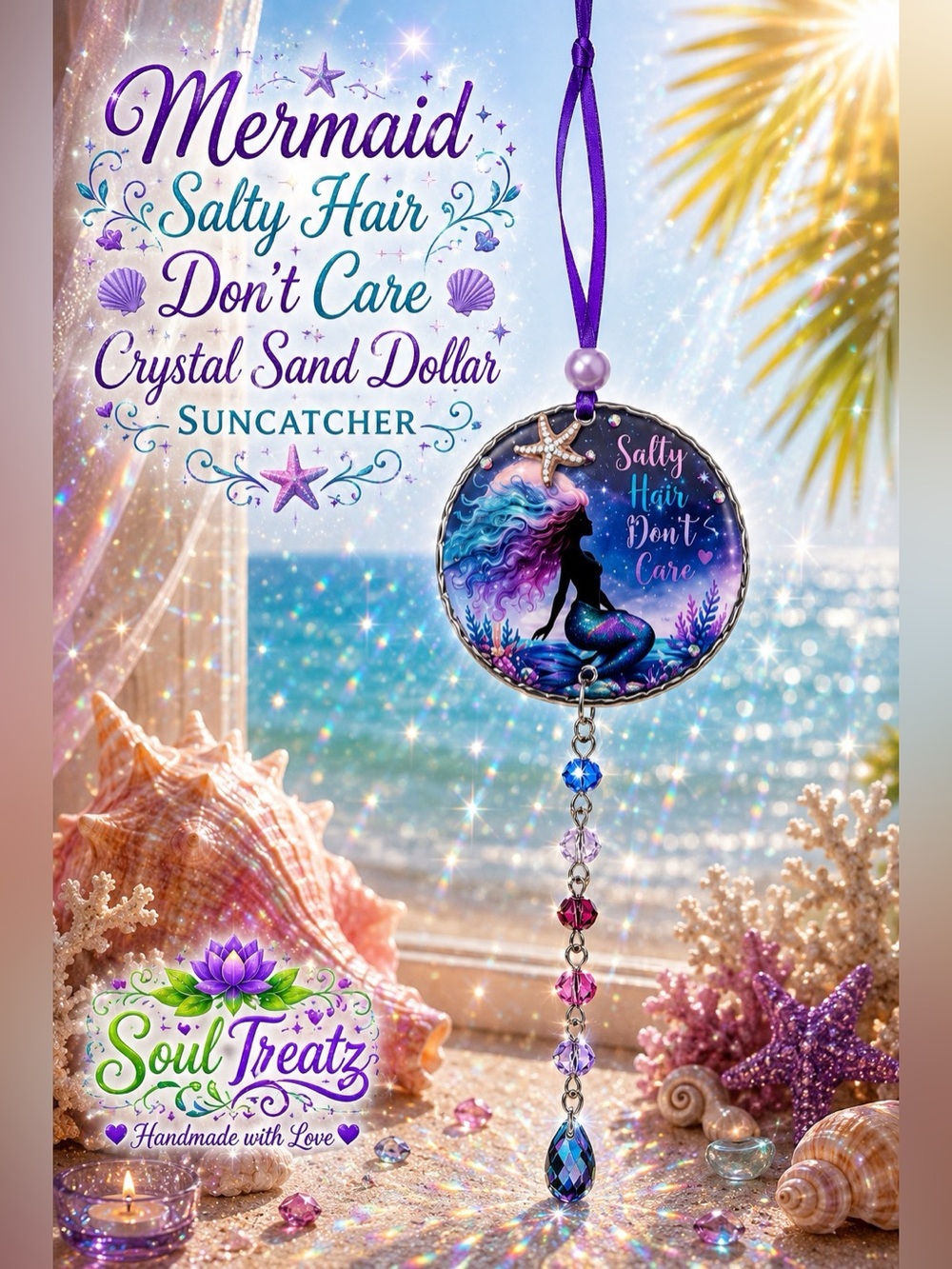 Decoupage Mermaid 'Salty Hair Don't Care' Purple & Blue Crystal Suncatcher